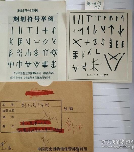 西安半坡遗址刻画符号举例，中国历史博物馆保管部资料组，为《图说中华五千年》书稿原照。
馆藏精品，好物唯一！