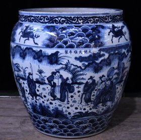 大明天顺年制青花战将人物故事纹大画缸 规格58*56厘米