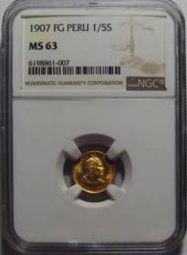 少见原味1907年秘鲁1/5镑土著人小金币NGC评级MS63收藏