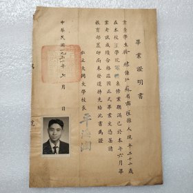 1951年私立大同大学毕业证明书、学生徐棣