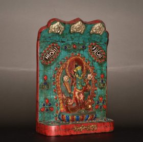 尼泊尔木镶嵌白铜红松绿松天珠宝石唐卡站观音佛板摆件 尺寸:长15厘米 宽6厘米 高22.5厘米 重704克左右
