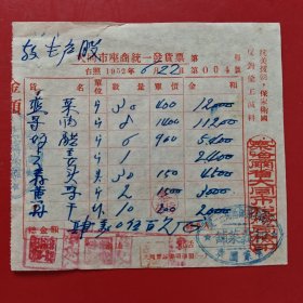 1952年6月22日，韭菜，酱油，好醋，姜，黄酱，饼干。大同市座商统一发货票，察哈尔省大同市税务局，抗美援朝保家卫国，反对偷税漏税，大同市钟楼西街三一号，老字号和義菜铺（生日票据，大同专题3，食堂饭店类发票）。（77-6）