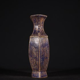 旧藏宋代柴窑宝石蓝釉镂空六方瓶高23cm.宽14cm