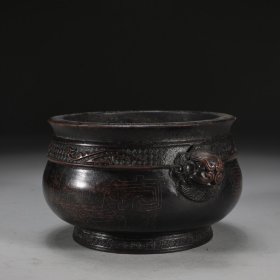 明 铜胎错银丝夔龙纹狮首耳簋式炉