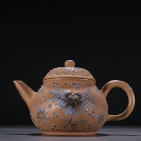 寅春款 紫砂加彩花纹茶壶