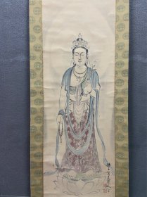 木村百木，近现代日本名家，民国时期老画《十一面观音造像》，剔红轴头，原题共箱。