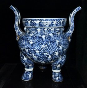 明代永乐青花福海寿山纹大香炉 古玩古董古瓷器老货收藏