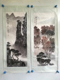 山东枣庄著名画家吴祯岚，水墨手绘山水画两幅合售，镜心旧裱，每件画心80x32厘米