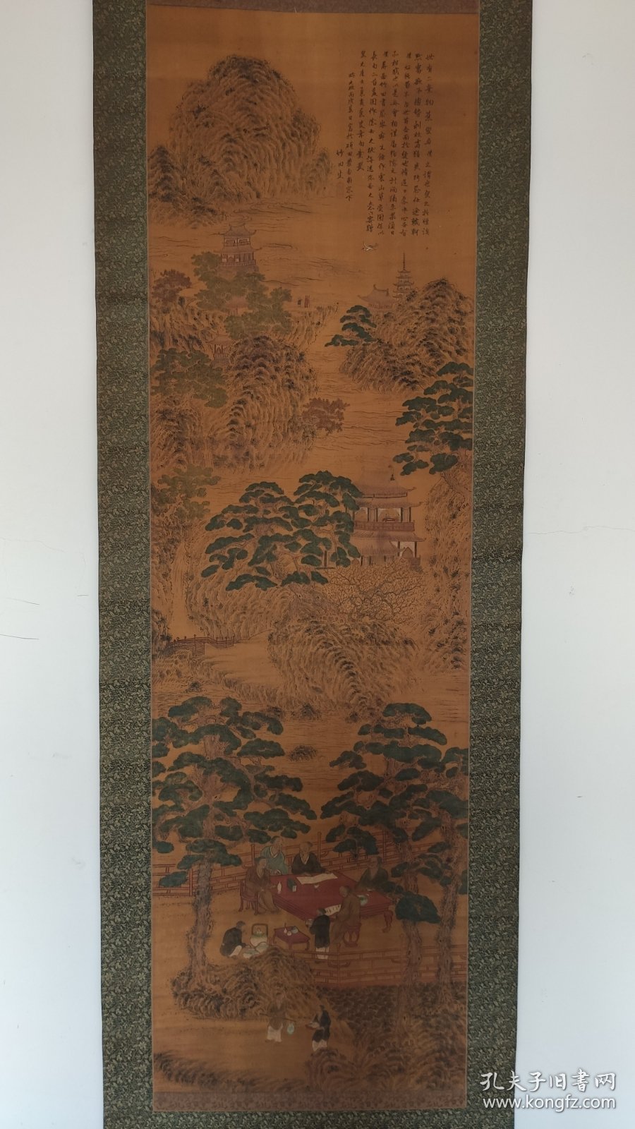 回流字画：南画大名家：田能村竹田，竹田生，松下研经图，文政丙戊写于砚田农舍，画工细致极精之作，大幅绢本设色山水立轴，，原装绫裱，整幅199*53.8画心136*40.8