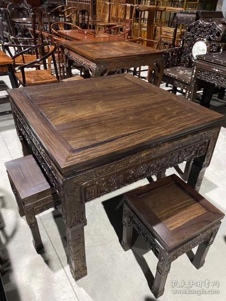 黄檀木满工雕刻八仙桌五件套 运费自理