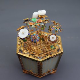 和田玉掐丝包金花盆盆景