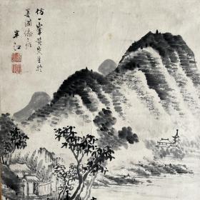 日本江户时代南画家冈田半江米点山水图，纸本绫裱，木质工艺轴头，画心30.6*26.8。054