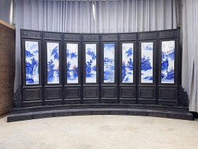 旧藏紫檀镶嵌双面瓷板画八屏 尺寸长4.6米高2.3米