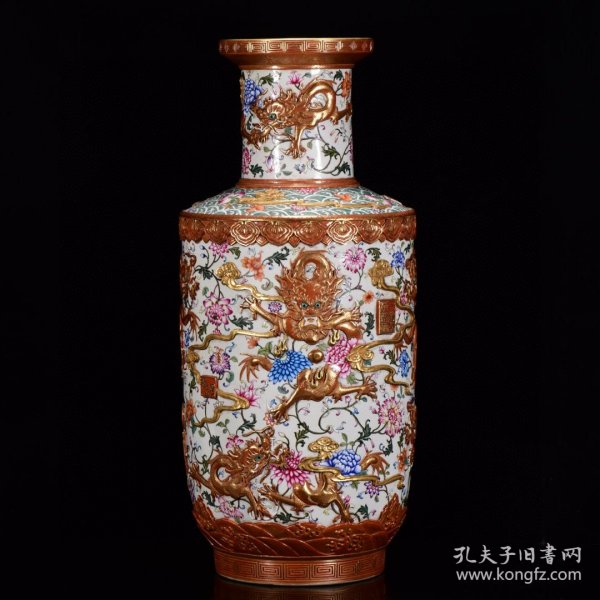 瓷器 清乾隆珐琅彩雕刻鎏金龙穿花纹爆竹瓶 68*30厘米