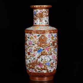 瓷器 清乾隆珐琅彩雕刻鎏金龙穿花纹爆竹瓶 68*30厘米