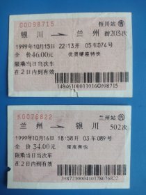 1999年银川-兰州往返硬座火车票。
