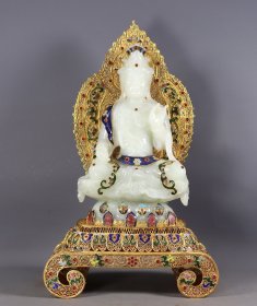 旧藏花丝鎏金镶嵌和田玉佛像一尊