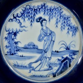 明永乐郑和赏赐款祭蓝釉青花人物四大美女纹盘子一套