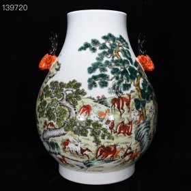 清乾隆粉彩百鹿图纹鹿头尊：