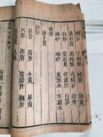 汤液本草 〔明〕 王好古 集 〔明〕吴中珩 校，三卷，三册全现存中下两卷，木刻，线装，竹纸，明刻明印。 著录：《中国古籍善本总目》子部医家类第839页。 本书为金元时期中医药物学理论著作。首刊王好古序言。上卷为总论，卷中、下卷载列药物238味。