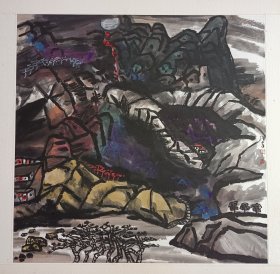 周汉章国画山水精品《山居图》，镜心原裱，斗方，品好包快递发货。