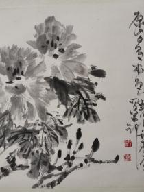 北京著名画家许麟庐国画《墨牡丹图》一幅，尺寸82x55厘米，自然旧，有少许黄斑，精品！保真！