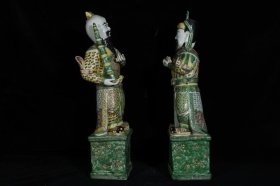 旧藏 清乾隆 五彩哼哈二将 尺寸49x20厘米