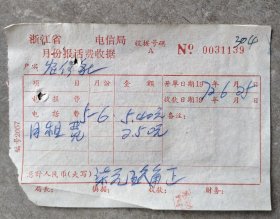 浙江省电信局电话费收据一份，1972年。