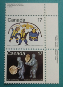 加拿大1979年爱斯基摩人（因纽特人）文化岩画.石雕 2全新 竖双联带边纸