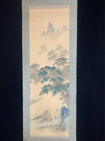 日本回流字画挂轴，彩绘山水，松下农人与驴子，章款自识，绢本绫裱，轴头缺失，天杆处有开裂