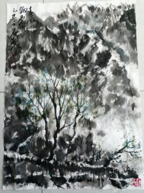 手绘国画山水春山雨霁