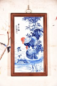 青花大王王步作品赏析！ 红木镶青花釉里红花鸟瓷板画中堂竖挂屏！ 《全家福》 尺寸高90宽53