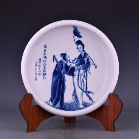 民国大师王步绘青花仙姑洞宾故事纹笔洗古董古玩古瓷器文玩艺术