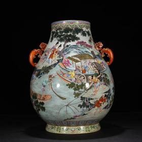 清乾隆粉彩渔家乐人物双耳尊福筒   46×36厘米