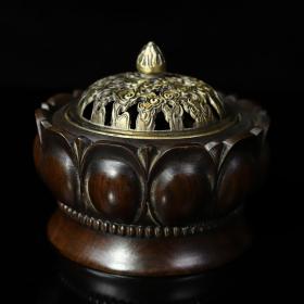 黑檀木莲花铜镂空盖熏香炉摆件，宽11厘米高10厘米，重357克
