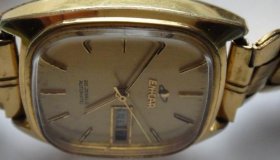 镀金方形英纳格(ENICAR)双日历机械自动表