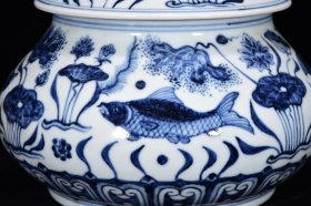 明宣德年青花鱼藻纹盖罐20*20厘米