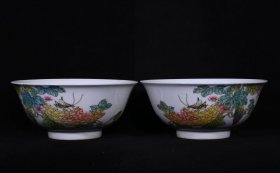 清雍正珐琅彩瓜果虫草纹碗一对，高6.9×15.5厘米