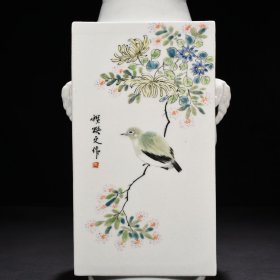 旧藏 清光绪浅绛彩花鸟纹琮式瓶 30*16厘米