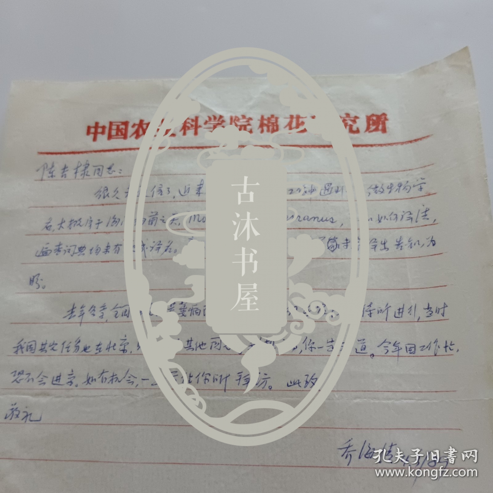 河南省临汝县人，中国农业科学院棉花研究所英文译员兼编辑乔海清信札1页