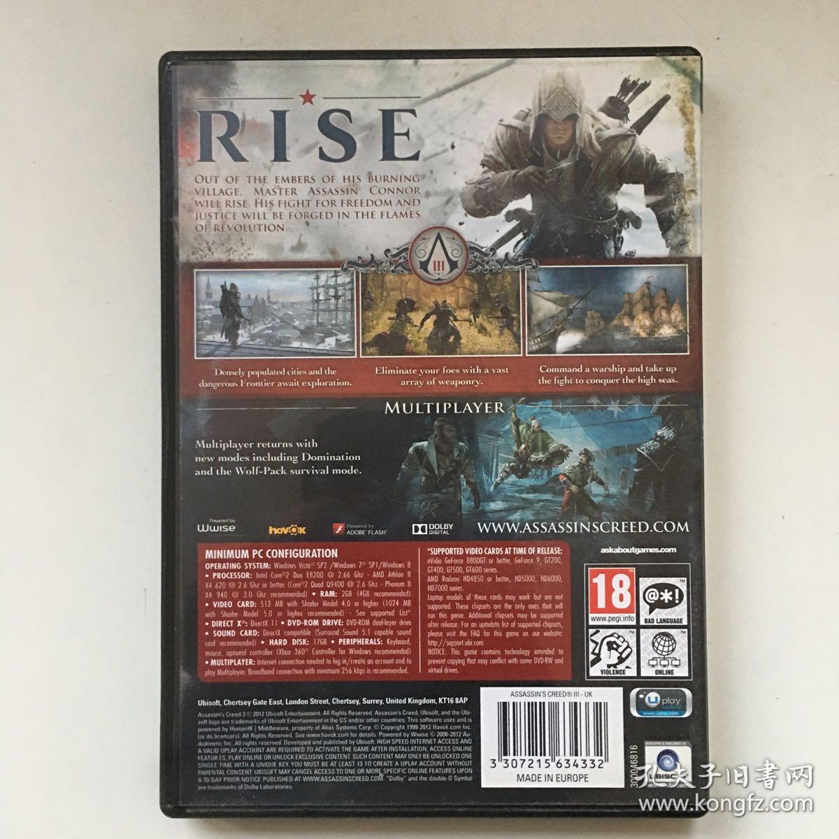 PC DVD游戏光盘 共2碟盒装：《刺客信条 3 重制版（Assassin's Creed III）》附：游戏手册（有产品密钥） 【英文版】