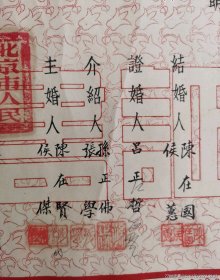 1951年结婚证一对是民航起义人员陈在国的，时任民航副局长吕正哲证婚手签