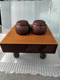 【忘忧围棋棋具】日本进口，少见的36年前镰仓雕工艺，二手围棋棋具套装，棋墩44.3cm x 44.3cm x 厚10cm （刻线），碁笥 直径15.5cm x 高11.5cm，良泉製