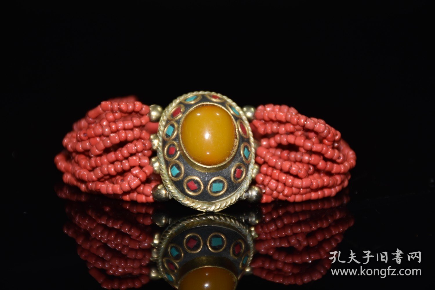 西藏白铜镶嵌宝石蜜蜡手链手珠手持手串 约33克
