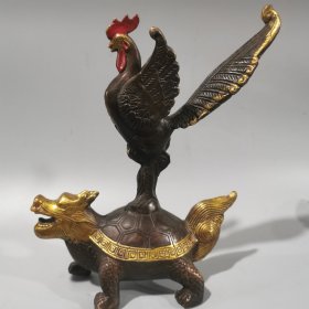 老铜器铜鎏金金鸡踏龙龟独占鳌头摆件古玩收藏 重约676.5克