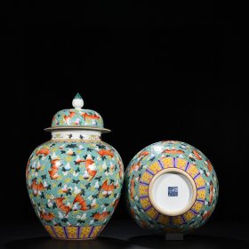 清乾隆绿地粉彩福寿纹将军罐 35*20厘米
