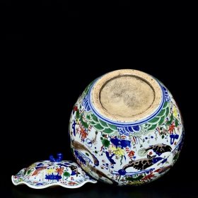 明嘉靖青花五彩鱼藻纹荷叶罐 35/32厘米