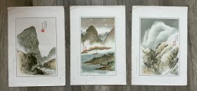 八开老画片 秦仲文 峨眉积雪 漓江日晚 寒山苍翠 三张合售