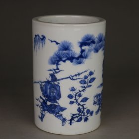 80年代老厂瓷青花鬼谷子下山笔筒文房书房笔筒摆件