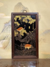 红木镶瓷板画掐丝松鹤延年挂屏 高90厘米宽53厘米（单块尺寸）